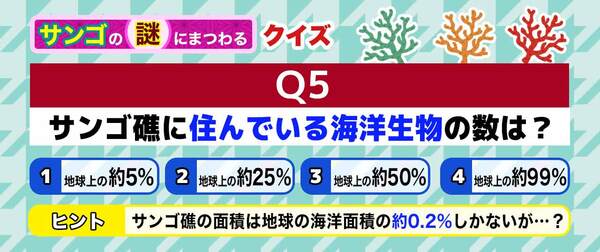 Q5 サンゴ礁に住んでいる生物の数は？ 1.地球上の約5% 2.地球上の約25% 3.地球上の約50% 4.地球上の約99%