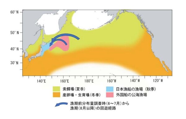 サンマの分布域（索餌場と産卵・生育場）と日本漁船及び外国漁船の主漁場位置