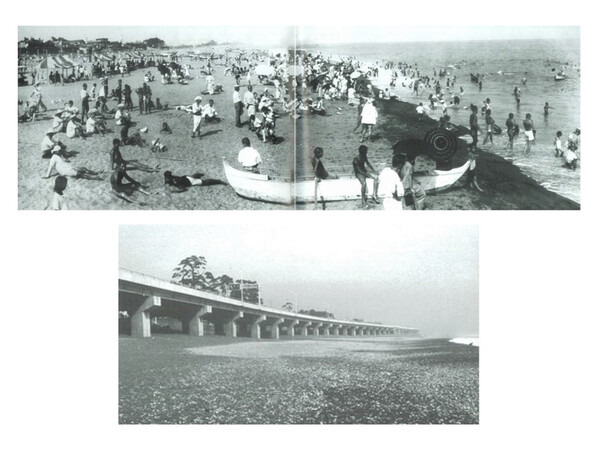 当時の砂浜は人で賑わい、現在の浜辺は高速道路があり人はいない。